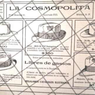 AFICHE ANTIGUO SOMBRERERIA LA COSMOPOLITA 1912