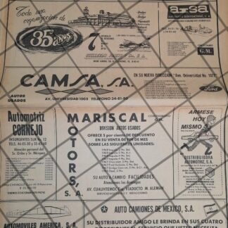 CARTEL PUBLICITARIO RETRO. AGENCIAS DE AUTOS DE 1969 D.F