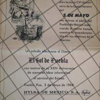 PUBLICIDAD RETRO HYLSA FELICITA AL SOL DE PUEBLA 1968