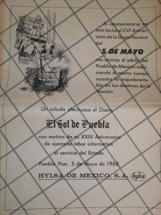 PUBLICIDAD RETRO HYLSA FELICITA AL SOL DE PUEBLA 1968