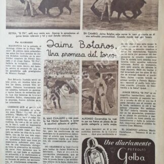 CARTEL ANTIGUO ORIGINAL DE NOTA DE PRENSA, TORERO JAIME BOLAÑOS 1949 / FEP TOROS