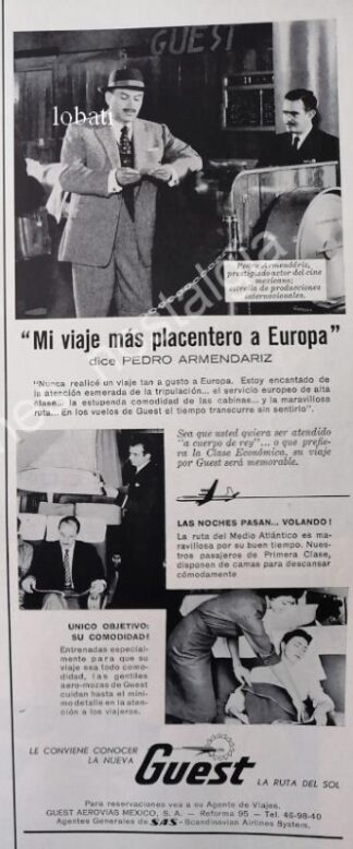 CARTEL ANTIGUO ORIGINAL DE PEDRO ARMENDARIZ Y LA AEROLINEAS GUEST 1950s