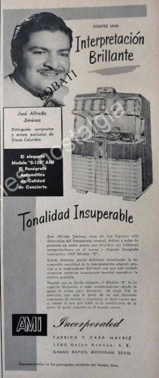 CARTEL ANTIGUO ORIGINAL DE JOSE ALFRE JIMENEZ Y ROCKOLAS AMI 1956 /FEP