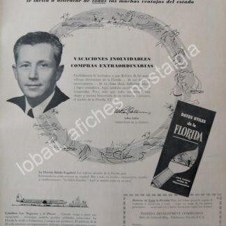 CARTEL ANTIGUO ORIGINAL DE LEROY COLLINS DEPARTAMENTO DE TURISMO DE FLORIDA 1956 /FEP