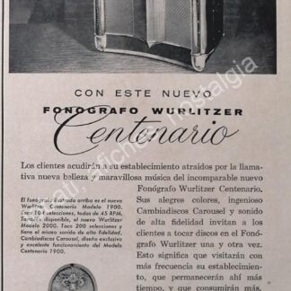 CARTEL ANTIGUO ORIGINAL DE ROCKOLAS WURLITZER CENTENARIO 100 ANIVERSARIO 1956 / MUY RARO