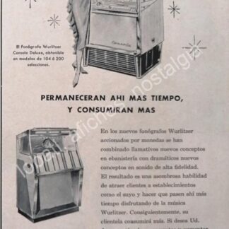 CARTEL ANTIGUO ORIGINAL DE ROCKOLAS WURLITZER 1957