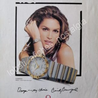CARTEL ANTIGUO ORIGINAL DE CINDY CRAWFORD Y LOS RELOJES OMEGA Ca. 1997 /FEP