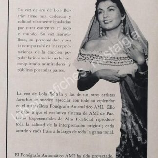 CARTEL ANTIGUO ORIGINAL DE LOLA BELTRAN Y LAS ROCKOLAS AMI 1950s / RARO / FEP