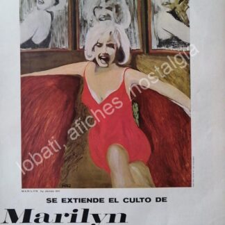 CARTEL ANTIGUO ORIGINAL DE NOTA. SE EXTIENDE EL CULTO DE MARILYN MONROE 1962