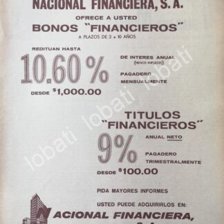 CARTEL ANTIGUO ORIGINAL DE BANCO. BONOS DE NAFINSA. NACIONAL FINANCIERA 1960s /214