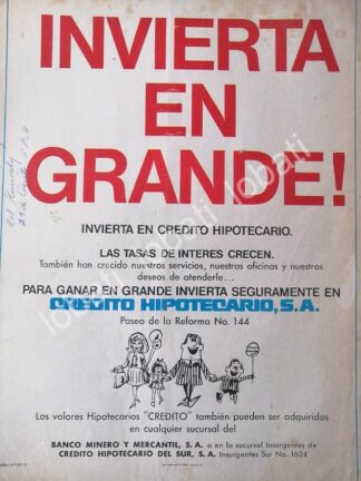 CARTEL ANTIGUO ORIGINAL DE BANCO CREDITO HIPOTECARIO S.A 1972 /192