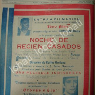 CARTEL ANTIGUO ORIGINAL DE INICIAN FILMACION DE LA PELICULA. NOCHE DE RECIEN CASADOS 1941 /N64