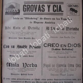 CARTEL ANTIGUO ORIGINAL DE PUBLICIDAD PRODUCCIONES GROVAS Y CIA 1941