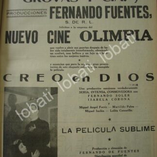 CARTEL ANTIGUO ORIGINAL DE REINAGURACION DEL CINE OLIMPIA Y LA PELICULA CREO EN DIOS 1941 /N78