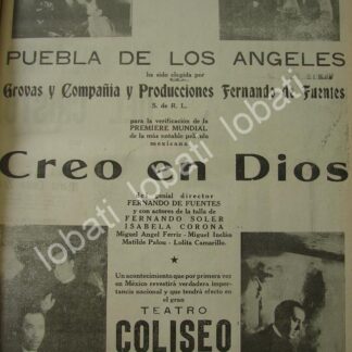CARTEL ANTIGUO ORIGINAL DE CINE COLISEO DE PUEBLA ESTRENO. PELICULA. CREO EN DIOS 1941 /N79