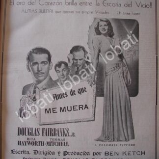 CARTEL ANTIGUO ORIGINAL DE ESTRENO DE LA PELICULA ANTES DE QUE ME MUERA 1941 /RARO