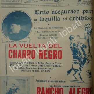 CARTEL ANTIGUO ORIGINAL DE PRE ESTRENO PELICULA LA VUELTA DEL CHARRO NEGRO 1941