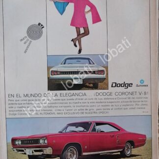 CARTEL ANTIGUO ORIGINAL DE AUTOS CHRYSLER DODGE CORONET V8 1968 /144 GRANDE
