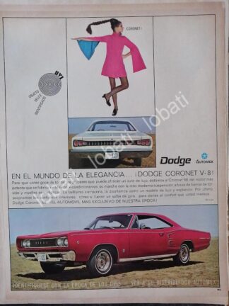 CARTEL ANTIGUO ORIGINAL DE AUTOS CHRYSLER DODGE CORONET V8 1968 /144 GRANDE