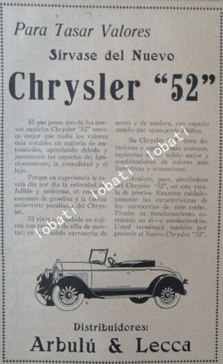 CARTEL ANTIGUO ORIGINAL DE AUTOS CHRYSLER 1920 MODELO 52 MUY RARO