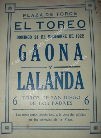 CARTEL ANTIGUO ORIGINAL DE PLAZA DE TOROS EL TOREO 1922 RODOLFO GAONA