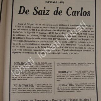 CARTEL ANTIGUO ORIGINAL DE MEDICINA. ELIXIR ESTOMACAL DE SAIZ DE CARLOS 1910 /No72
