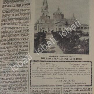 CARTEL ANTIGUO ORIGINAL DE MEDICINA. TONICO LA PERUNA Y CATEDRAL DE GUADALAJARA 1910 /No73