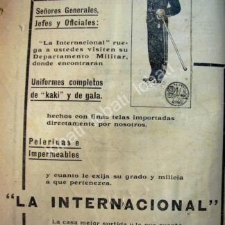 CARTEL ANTIGUO ORIGINAL DE UNIFORMES MILITARES DE ALMACENES LA INTERNACIONAL 1914 /754 Militaria