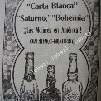 CARTEL ANTIGUO ORIGINAL DE MINI CARTEL CERVEZA CARTA BLANCA, SATURNO Y BOHEMIA 1911 /155