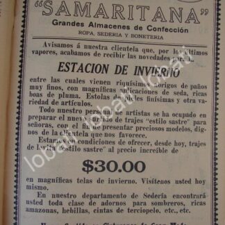 CARTEL ANTIGUO ORIGINAL DE TIENDA. ALMACENES LA SAMARITANA 1910 /689