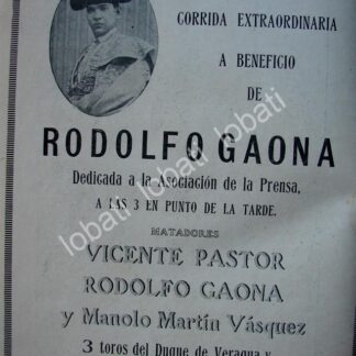CARTEL ANTIGUO ORIGINAL DE PLAZA DE TOROS EL TOREO 1914 A BENEFICIO DE RODOLFO GAONA / 772