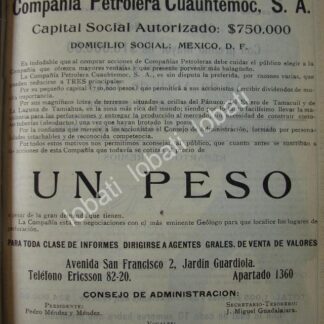 CARTEL ANTIGUO ORIGINAL DE CIA. PETROLEA CUAUHTEMOC VENDE ACCIONES 1914 /762