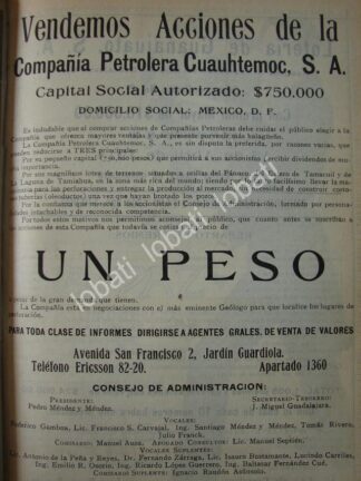 CARTEL ANTIGUO ORIGINAL DE CIA. PETROLEA CUAUHTEMOC VENDE ACCIONES 1914 /762