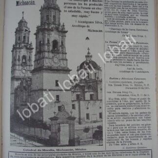 CARTEL ANTIGUO ORIGINAL DE OBISPO ATENOGENES SILVA Y TONICO LA PERUNA 1910 CATEDRAL DE MICHOACAN /Ni77