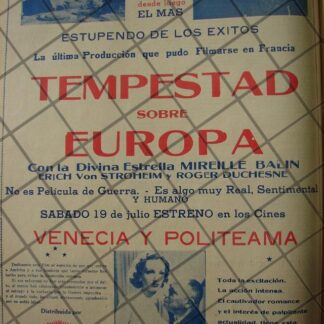 CARTEL RETRO PELICULA. MANACES /TEMPESTAD SOBRE AUROPA 1941 /4