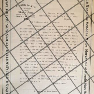 CARTEL ANTIGUO A MOSLER BOWEN SOBRE INCENDIO 1906