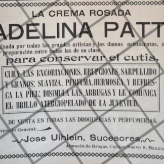 PUBLICIDAD ANTIGUA BOTICA JOSE UIHLEIN. CREMA ADELINA PATTI