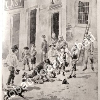 GRABADO ANTIGUO DE LEANDRO IZAGUIRRE 1895 BARRIO MEXICANO NIÑOS PELEANDO