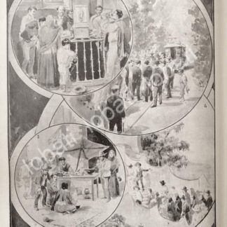 GRABADO ANTIGUO PEREGRINOS, VILLA DE GUADALUPE 1895 DE LEANDRO IZAGUIRRE