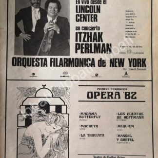 CARTEL ANTIGUO ORIGINAL DE INBA. ORQUESTA FILARMONICA DE NEW YORK & OPERA 1982