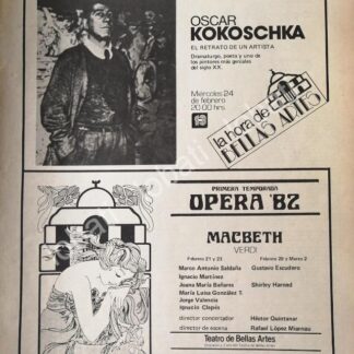 CARTEL ANTIGUO ORIGINAL DE INBA. TEMPORADA DE OPERA 1982 & OSCAR KOKOSCHKA +
