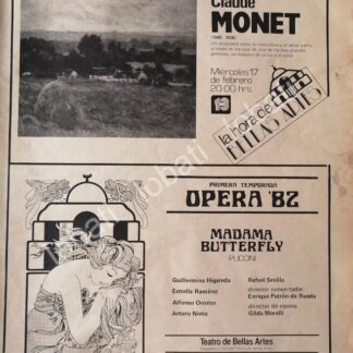 CARTEL ANTIGUO ORIGINAL DE INBA PRESENTA. TEMPORADA DE OPERA 1982 Y CLAUDE MONET