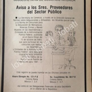 CARTEL ANTIGUO ORIGINAL DE SECRETARIA DE COMERCIO 1980 PROVEEDORES /34