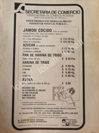 CARTEL ANTIGUO ORIGINAL DE SECRETARIA DE COMERCIO 1980 PRECIOS DE BASICOS /21