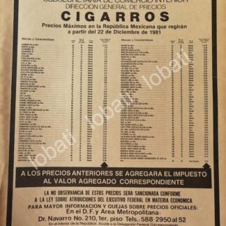CARTEL ANTIGUO ORIGINAL DE SECRETARIA DE COMERCIO 1980 PRECIOS DE CIGARROS /20