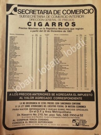 CARTEL ANTIGUO ORIGINAL DE SECRETARIA DE COMERCIO 1980 PRECIOS DE CIGARROS /20