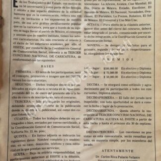 CARTEL ANTIGUO ORIGINAL DE CONVOCATORIA. 3ER CONCURSO ISSSTE DE CARICATURA 1981