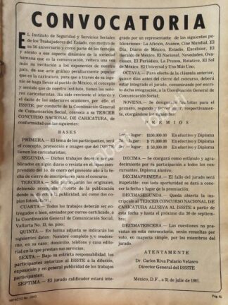 CARTEL ANTIGUO ORIGINAL DE CONVOCATORIA. 3ER CONCURSO ISSSTE DE CARICATURA 1981