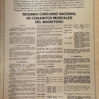 CARTEL ANTIGUO ORIGINAL DE 2do CONCURSO NACIONAL DE CONJUNTOS MUSICALES DEL MAGISTERIO 1980