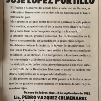 CARTEL ANTIGUO ORIGINAL DE OAXACA FELICITA A LOPEZ PORTILLO POR NACIONALIZAR BANCOS 1982
